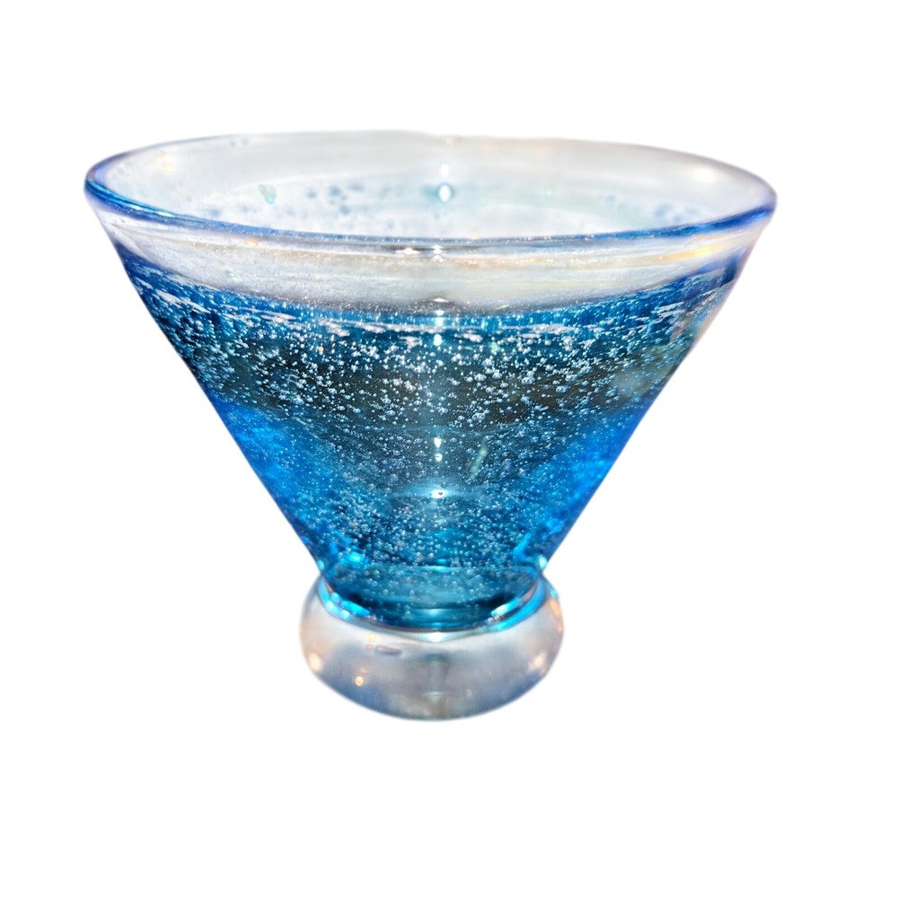 Anthropologie‎ Hand Blown Cobalt Blue Bubble Martini Glass Stemless Art Glass